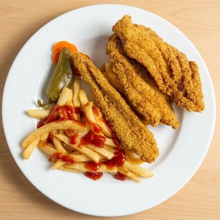 Fried catfish fillets with fries and peppers