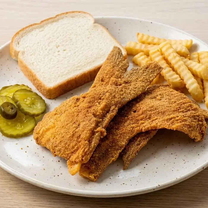 Fried catfish tails with fries, bread and pickles